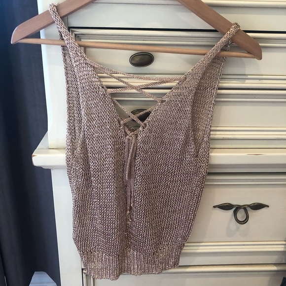 Fashion Nova Sparkly Rose Gold Lace Up Back Tank - Picture 2 of 4